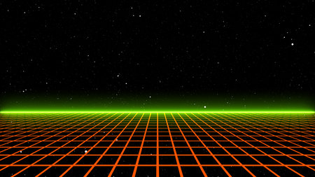 Retro style 80s video game background. Futuristic Grid landscape of the 80s. Digital Cyber Surface. Suitable for design in the style of the 1980s. 3D illustrationの写真素材