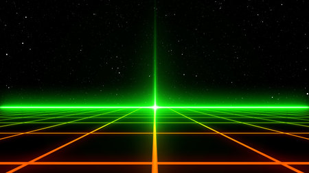 Retro style 80s video game background. Futuristic Grid landscape of the 80s. Digital Cyber Surface. Suitable for design in the style of the 1980s. 3D illustrationの写真素材