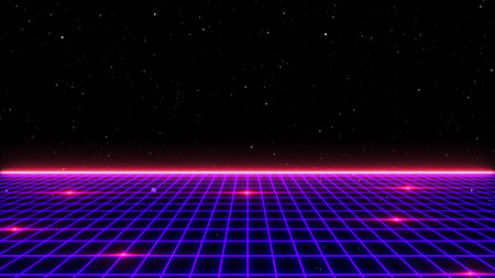 Retro style 80s video game background. Futuristic Grid landscape of the 80s. Digital Cyber Surface. Suitable for design in the style of the 1980s. 3D illustrationの写真素材