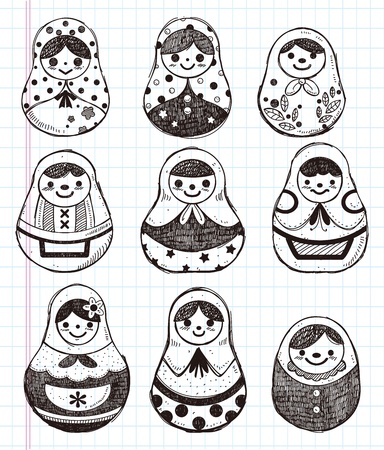 doodle Russian Doll element icon setのイラスト素材