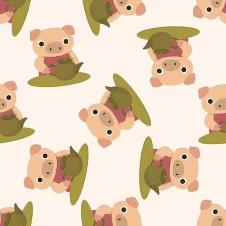 animal pig having afternoon tea , cartoon seamless pattern backgroundの写真素材