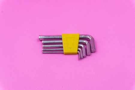 Hex wrench spanner L set 4pieces on pink pastel color backgroundの写真素材