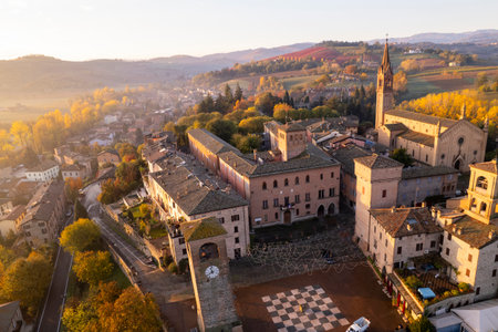 Aerial view revealing vineyards surrounding historic stone buildings, glowing under the golden hourの写真素材