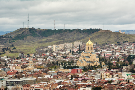Panoramic view of Tbilisi, the capital of Georgia with old town and modern architectureの写真素材