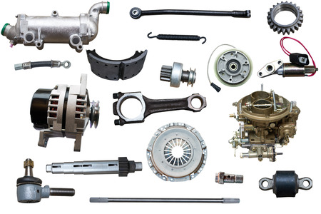 Auto spare parts car on the white background. Set with many isolated items for shop or aftermarketの写真素材