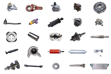 Auto spare parts car on the white background. Set with many isolated items for shop or aftermarket