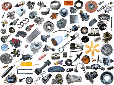 Auto spare parts car on the white background. Set with many isolated items for shop or aftermarketの写真素材