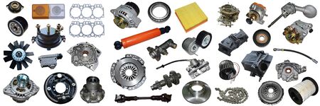 Auto spare parts car on the white background. Set with many isolated items for shop or aftermarket