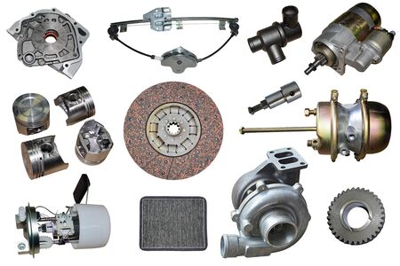 Auto spare parts car on the white background. Set with many isolated items for shop or aftermarket.の写真素材