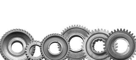 Metal gears isolated on white background collage. Steel industrial gears banner with copy space for...