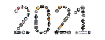 Number 2021 written with truck, tractors and car spare parts.New year concept for repair shop,...