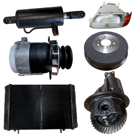 Auto spare parts car on the white background. Set with many isolated items for shop or aftermarket.