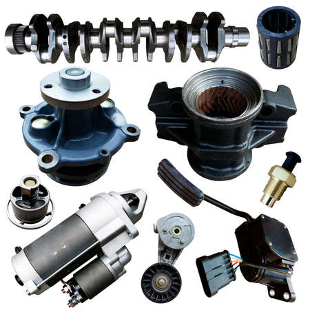Auto spare parts car on the white background. Set with many isolated items for shop or aftermarket.