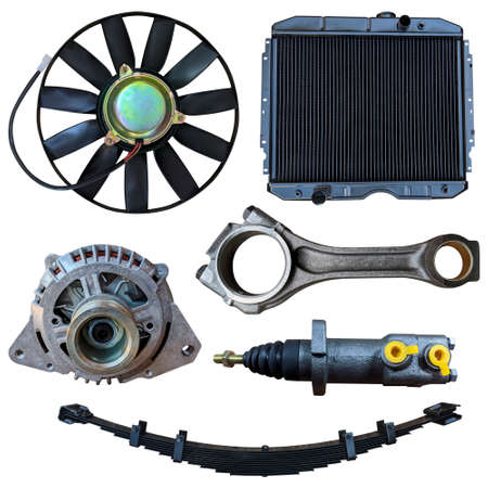 Auto spare parts car on the white background. Set with many isolated items for shop or aftermarket.
