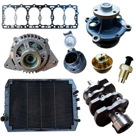 Auto spare parts car on the white background. Set with many isolated items for shop or aftermarket.