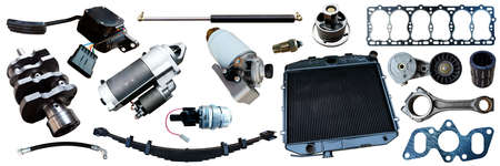 Auto spare parts car on the white background. Set with many isolated items for shop or aftermarket.の写真素材