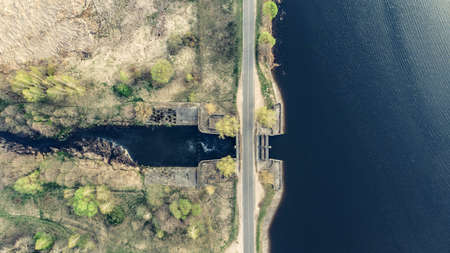 Aerial drone footage top view Water dam and reservoir lake.の写真素材