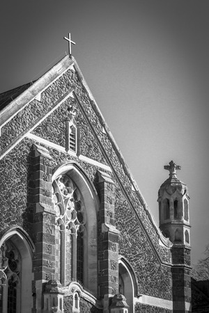 Monochrome image of an old stone church in historic St Ivesの写真素材