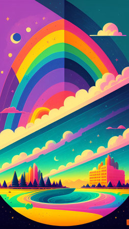 Rainbow over the city.illustration in a flat style.  AI generatedの素材