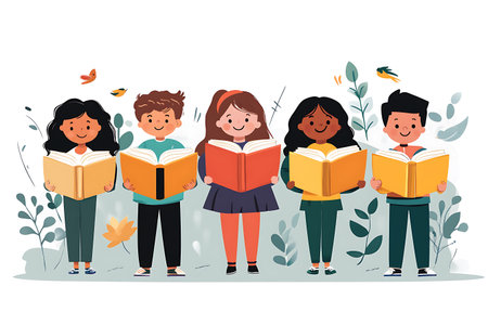 Group of kids reading books. Vector illustration in flat cartoon style.の素材