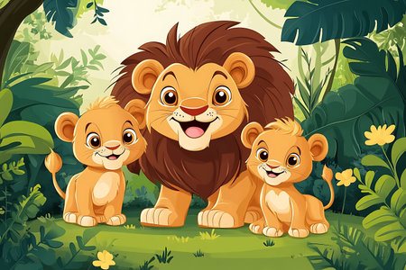 Lion family in the jungle. Vector illustration of cartoon character.の素材