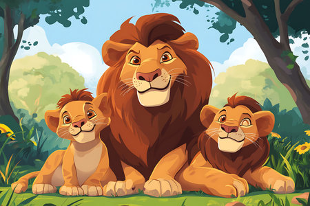 Lion family in the jungle illustration. Cartoon style, vector.の素材