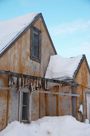 A wooden house with dried fishes, Greenlandの写真素材