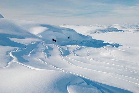 Relief of snow on icefield, Greenlandの写真素材