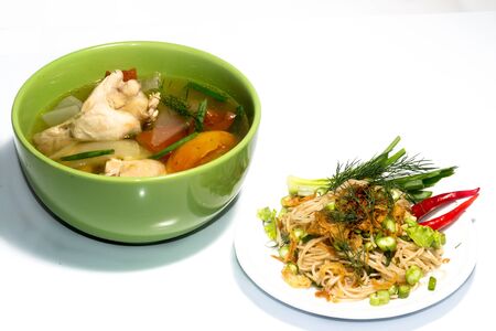 chicken soup & Yum Noodle (Thai food) On a white background