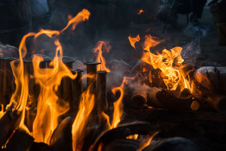 Fire flames on black backgroundの写真素材