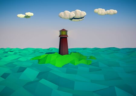 Lighthouse on the island in the sea in low-polygonal style.3D renderingの写真素材