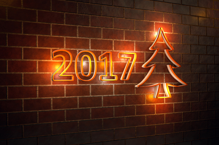 2017 neon figures on a brick wallの写真素材