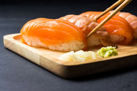 japanese sushi Salmon on blackの写真素材