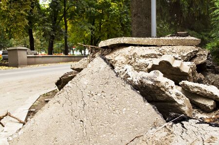 the pieces of the shattered concrete in the middle of the cityの写真素材