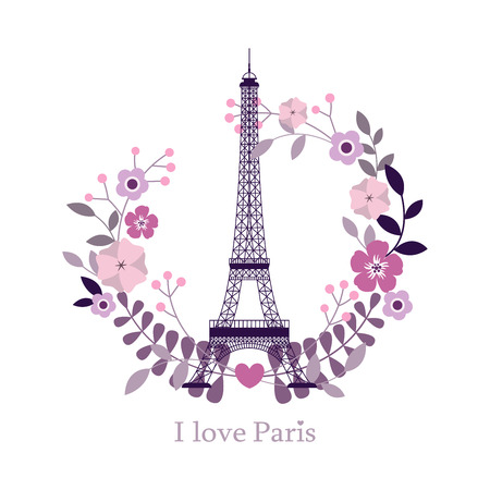 I Love Paris. Image of the Eiffel Tower. Vector illustration. Paris and flowers. Paris background. Paris, France fashion stylish illustration.のイラスト素材