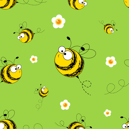 Bees seamless pattern. Vector illustration. Image of flying bees. Funny bees on a green background.のイラスト素材