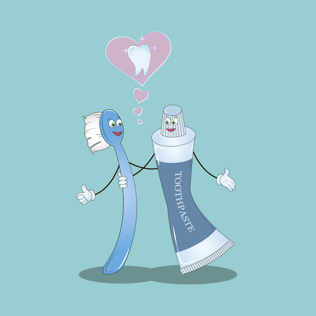 Best Friends teeth. Vector illustration. Illustration for children dentistry and orthodontics. Image toothbrush, tooth paste and tooth. Funny baby picture.のイラスト素材