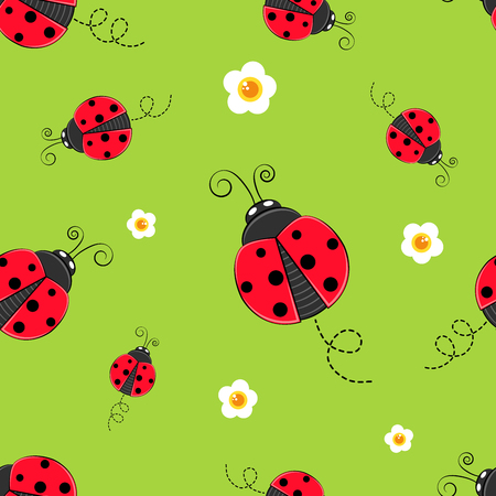 Seamless background with ladybug. A simple pattern. Ladybird on a green background. Vector illustration.のイラスト素材