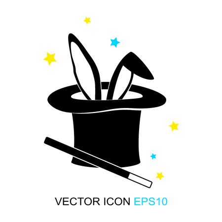 Magic trick-rabbit in the hat of the master. rabbit in black hat cylinder. A flat icon. Sign. Vector. Logo. Vector illustration.のイラスト素材
