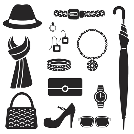 Women fashion accessories silhouette icons vector setのイラスト素材