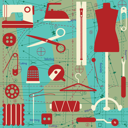 Vector seamless pattern background with sewing related elementsのイラスト素材