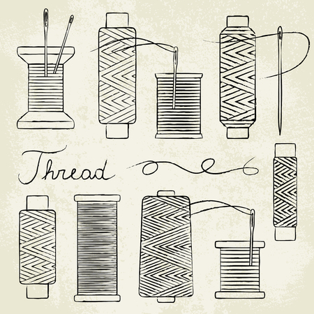 Vintage hand drawn thread spools and needles on old paper backgroundのイラスト素材