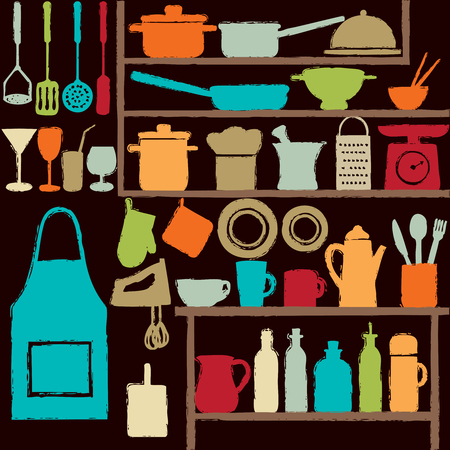 Various colorful kitchen silhouette icons on shelves.のイラスト素材