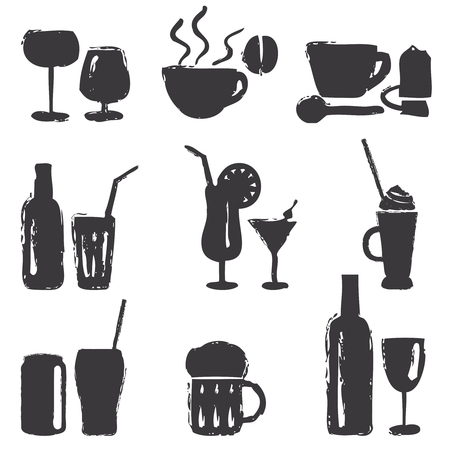 Various hand drawn beverages silhouette icons set.のイラスト素材
