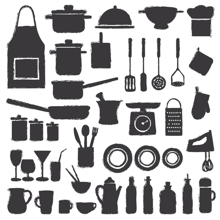 Various vector hand drawn kitchen silhouette icons.のイラスト素材