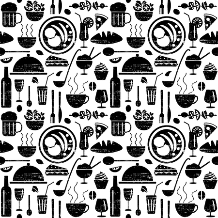 Vector seamless pattern with restaurant menu related objects.