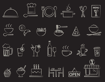 Hand-drawn estaurant vector icons on blackboard.のイラスト素材