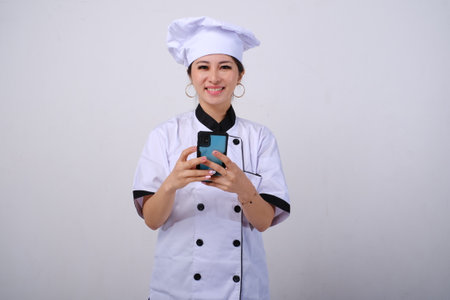 Photo of happy and smiling female Asian chef holding and using mobile phone on isolated white backgroundの写真素材