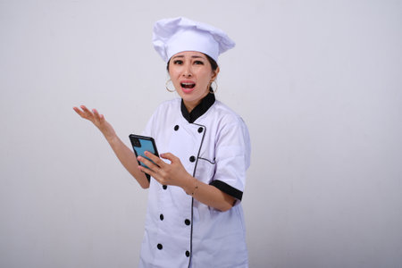 Photo of disappointed and confused female Asian chef using mobile phone reacting to bad review on isolated white backgroundの写真素材