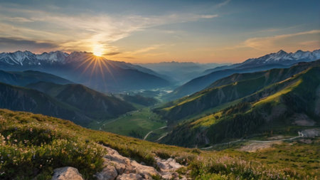 Sunset in the mountains. Panoramic view.の写真素材